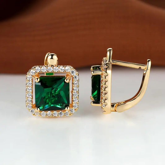 Pendientes de Oro con Circonita Verde y Dorada en Forma Cuadrada