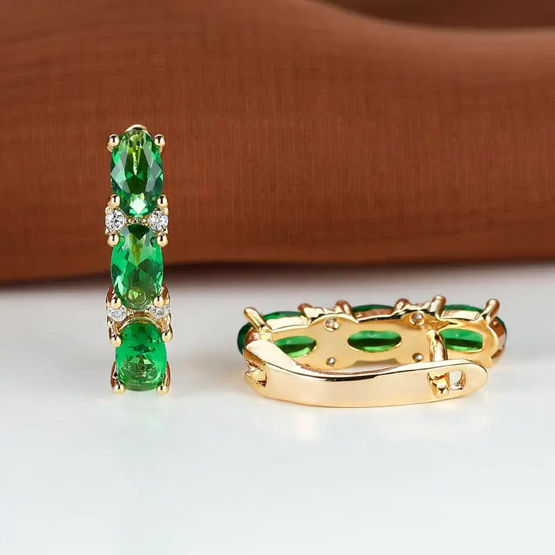 Gold Emerald Vertical Hoop Earrings