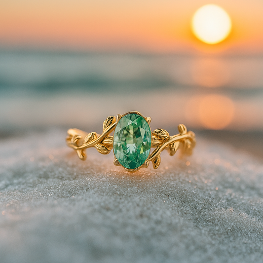 Viento Esmeralda – Anillo dorado con ágata verde y motivo de hoja
