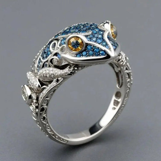 Oferta 1+1: Anillo vintage azul brillante con forma de rana en plata
