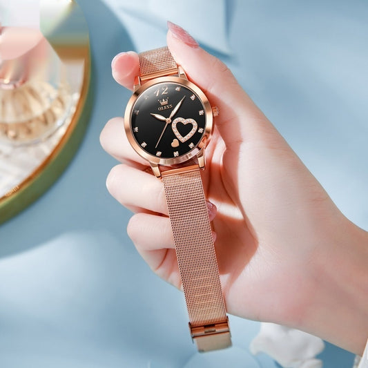 Elegante reloj de mujer personalizado con correa de malla y esfera rosa