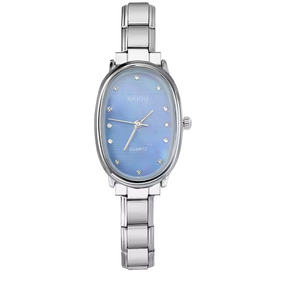 Reloj de cuarzo ovalado elegante en acero inoxidable