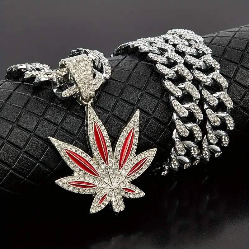 Green Leaf Retro Cuban Necklace – Hip-Hop Style for Men