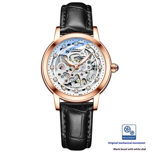 Reloj mecánico automático elegante con diamantes y diseño calado para mujer