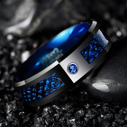 Anillo de tungsteno con fibra de carbono azul