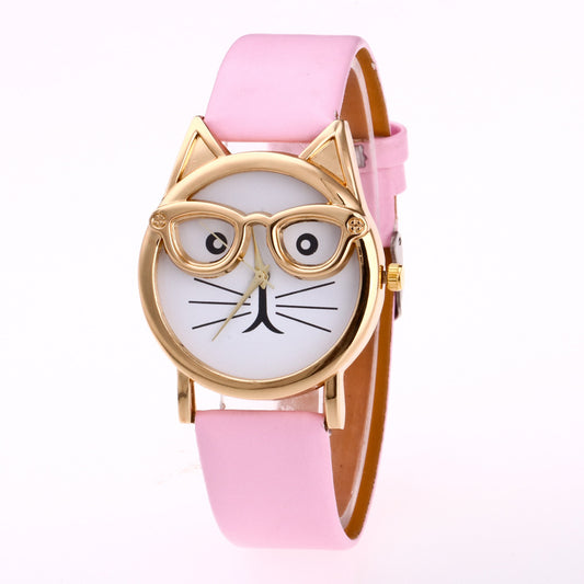 Reloj elegante con cara de gato para mujer y gafas doradas