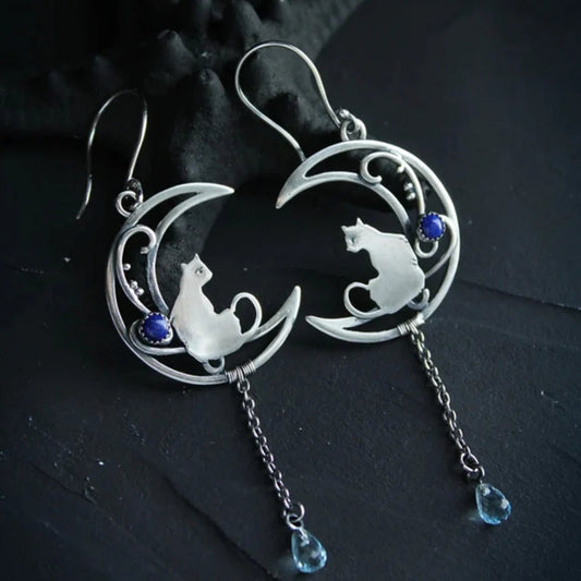 Pendientes Boho de Gato con Circonita Azul en Plata