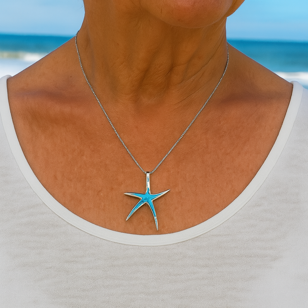 Collar de Opalo Azul y Estrella de Mar en Plata.