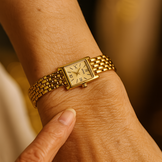 Extravagantní zlaté hodinky s křemenným strojkem a nerezovou ocelí