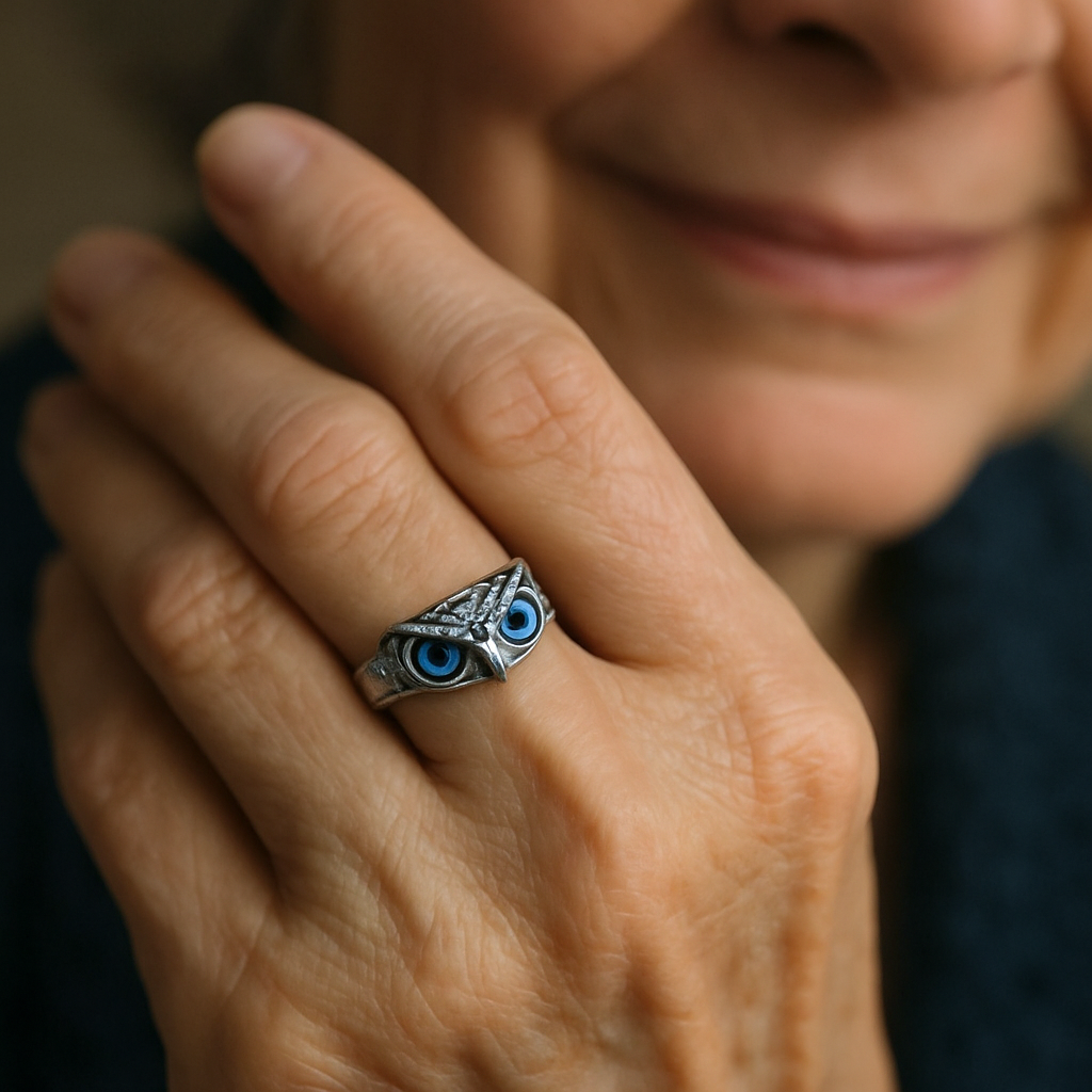 Anillo ajustable de búho de la suerte en plata y ópalo