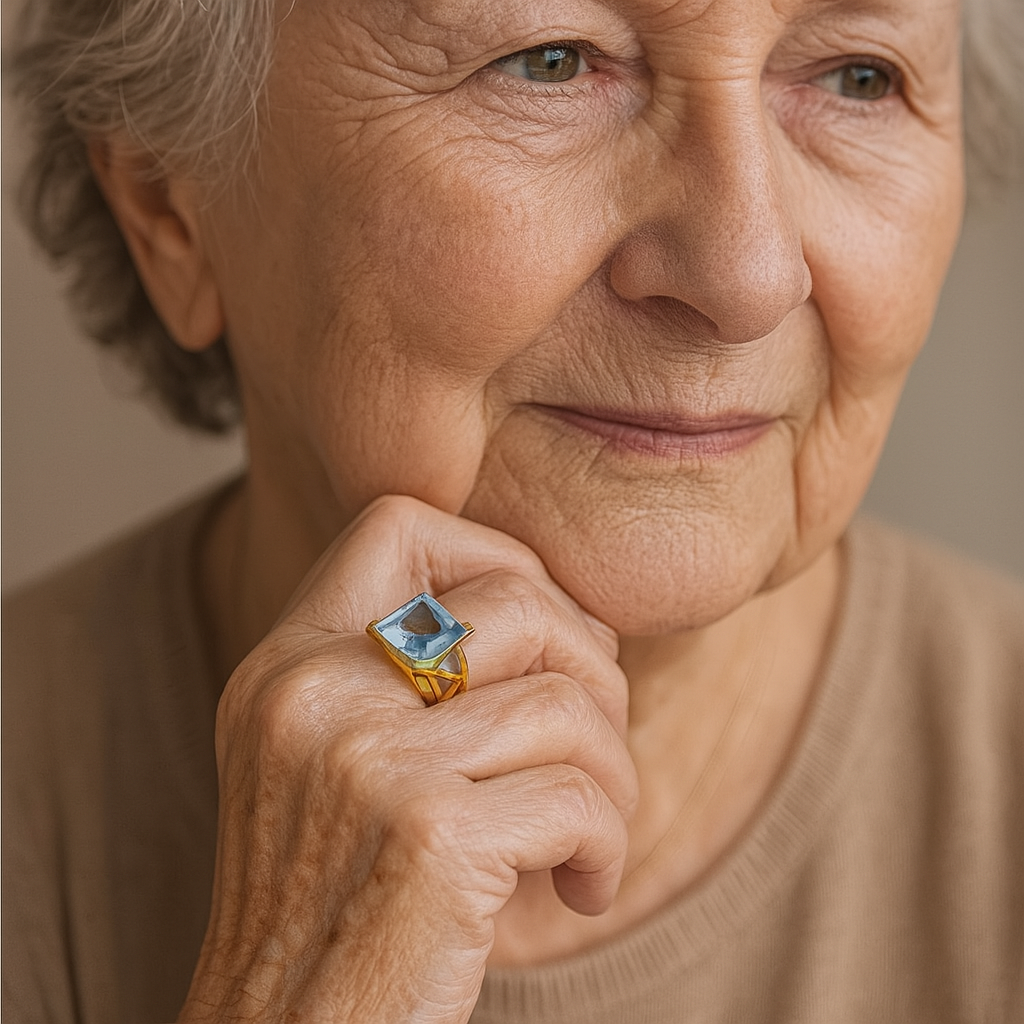 Vintage prsten z růžového zlata s modrým zirkonem