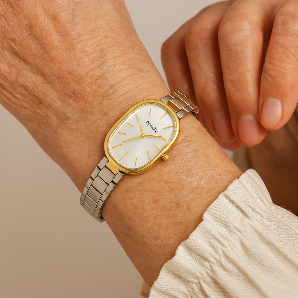 Reloj de cuarzo ovalado elegante en acero inoxidable