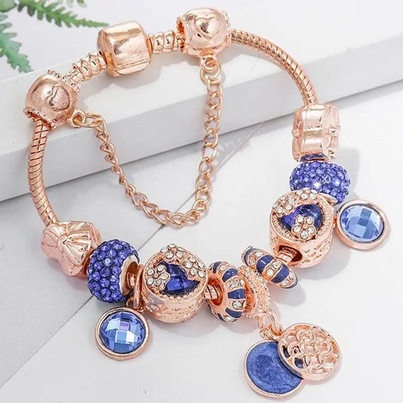 Pulsera en plata rosada y cristal azul