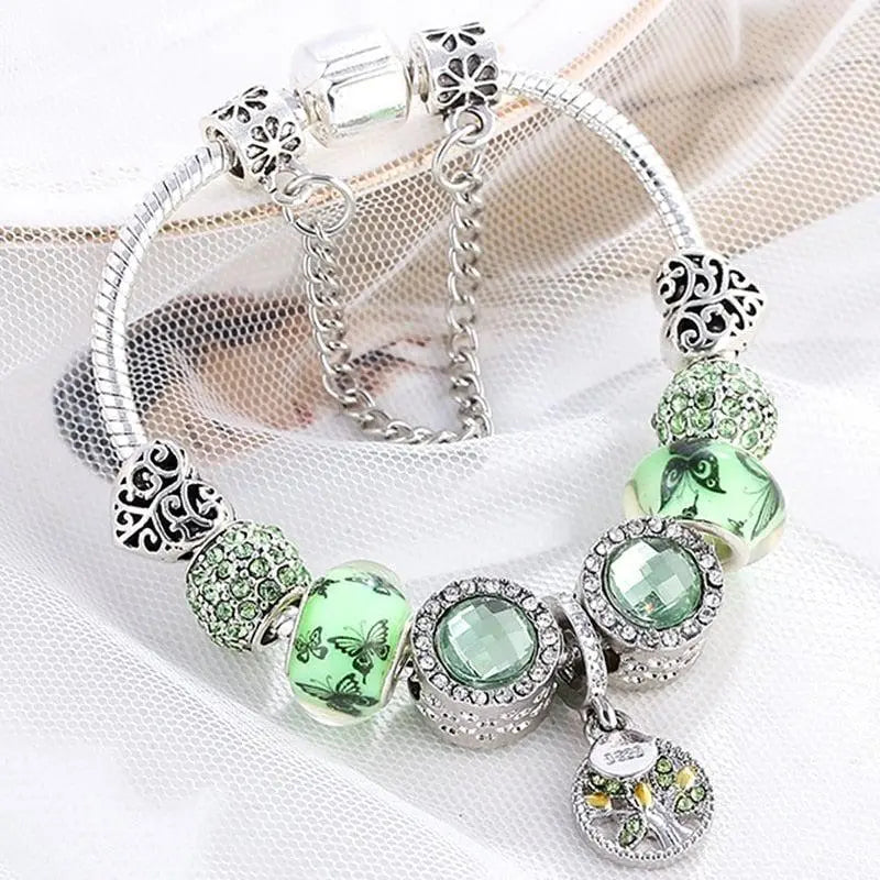 Pulsera en plata y cristal verde