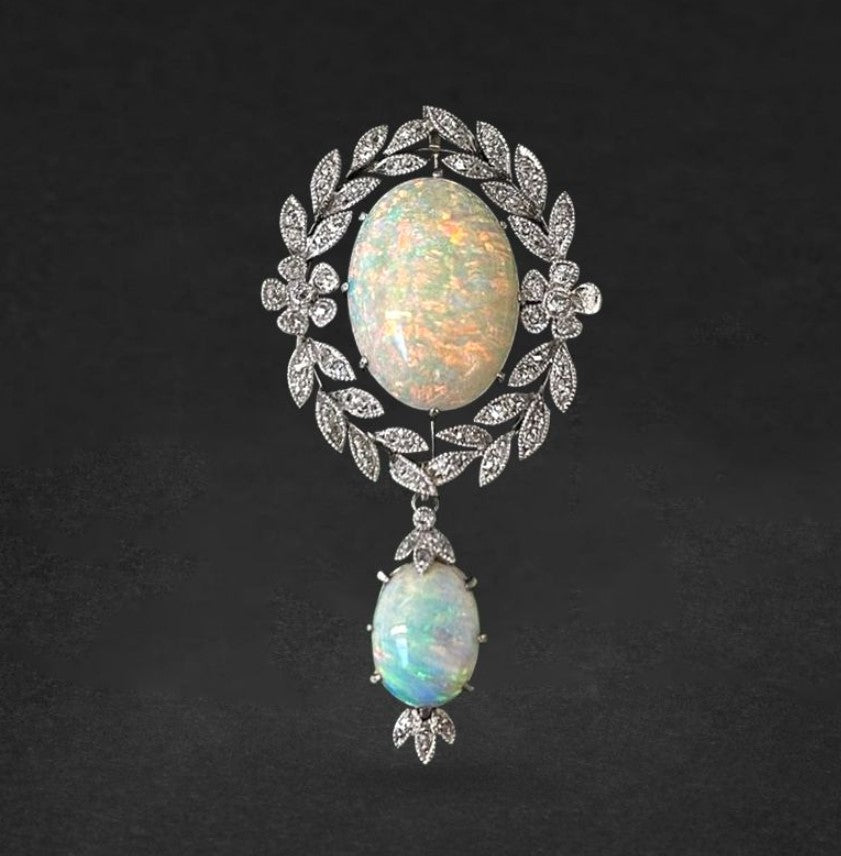 Vintage Milgrain Wreath Oval Cut Opal Brooch