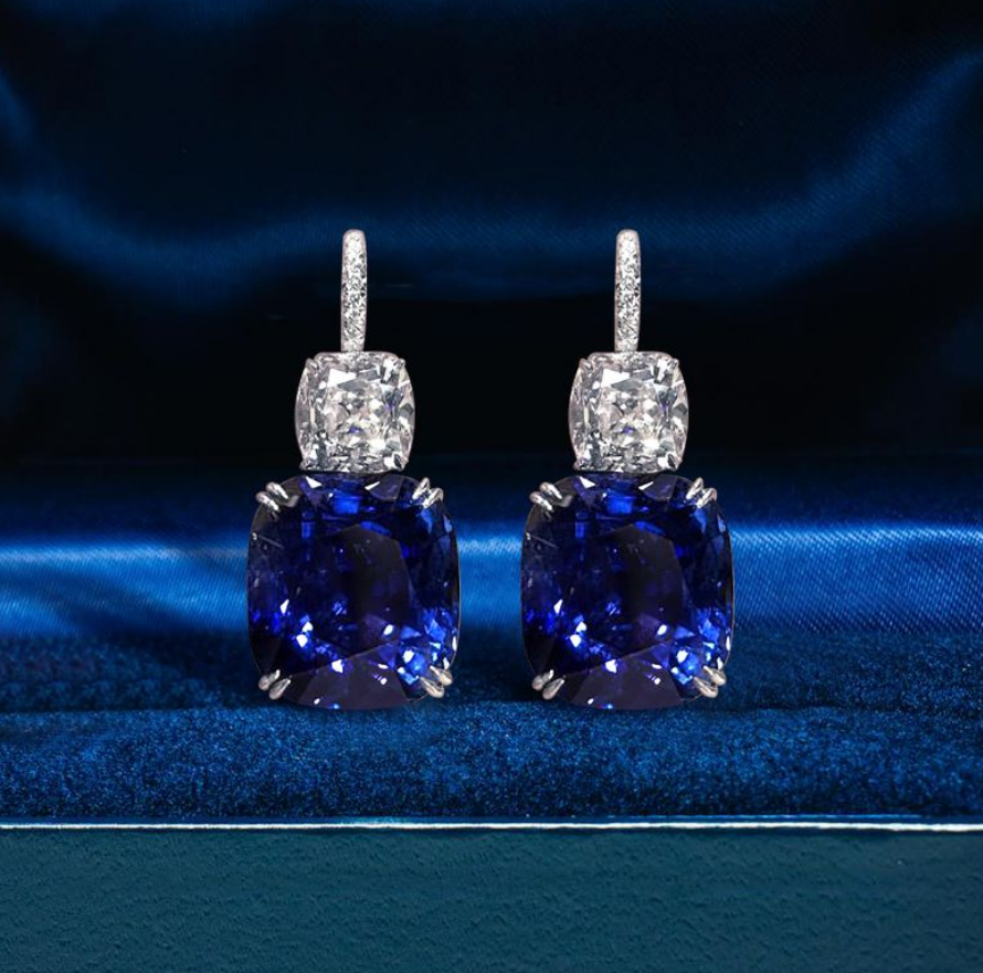 Cushion Cut Blue Sapphire Drop Earrings
