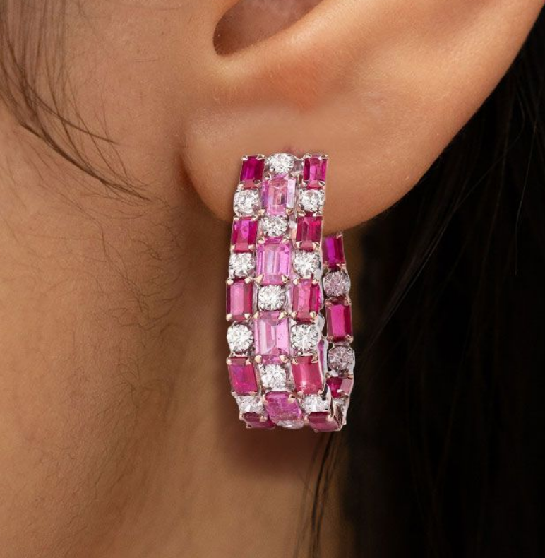 Rose Gold Emerald Cut Ruby & Pink Sapphire Hoop Earrings