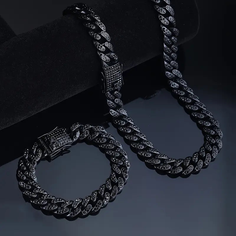 2pcs Cuban Link Chain Necklace & Bracelet Set – Unisex Hip-Hop Jewelry