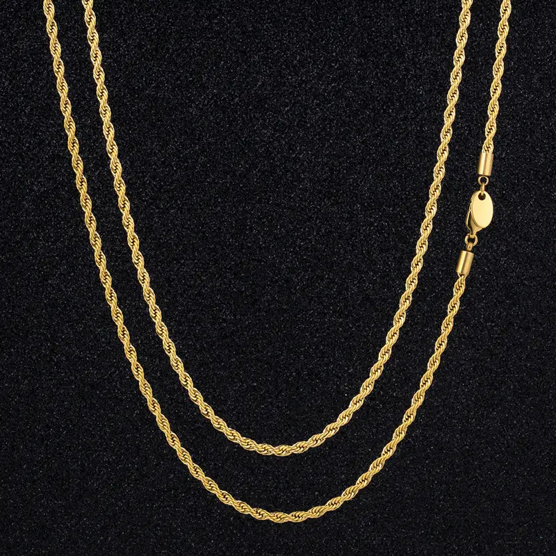 Men's 18K Gold Plated Rope Chain Necklace – 3mm Stainless Steel