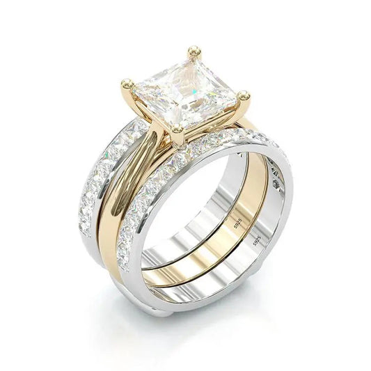 Oferta 1+1: Set de anillos de novia corte princesa atemporal – oro y plata