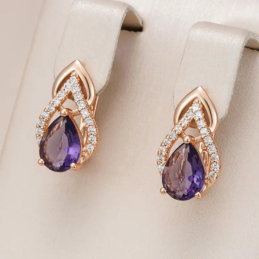 Oferta 1+1: Pendientes colgantes elegantes de cristal morado en oro