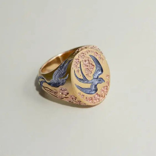 Oferta 1+1: Anillo Vintage Colibrí Azul y Oro