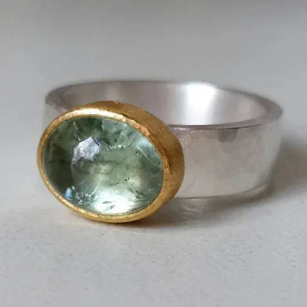 1+1 Offer: Green ring with rounded stone, Vintage + Golden dangling vintage earrings