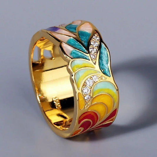 Oferta 1+1: Anillo floral pintado a mano en oro vintage