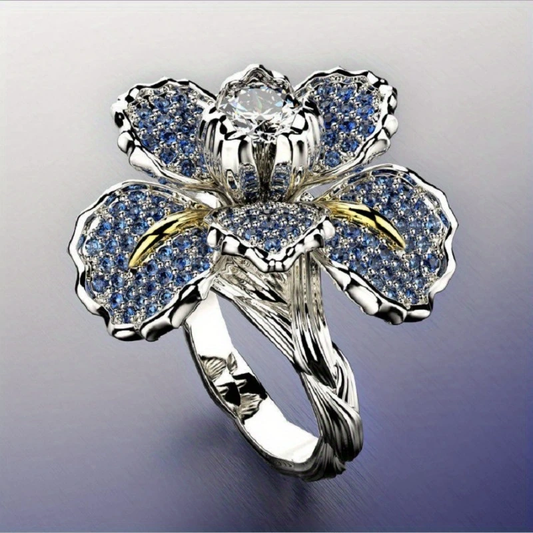 Oferta 1+1: Anillo de plata con flor azul y cristal