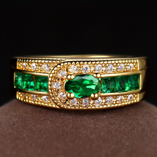 Oferta 1+1: Anillo vintage dorado con circonitas y piedras verdes