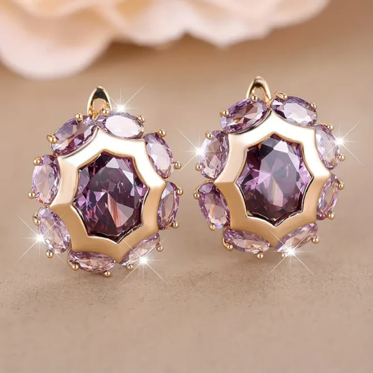 Oferta 1+1: Pendientes redondeados de oro con circonita violeta