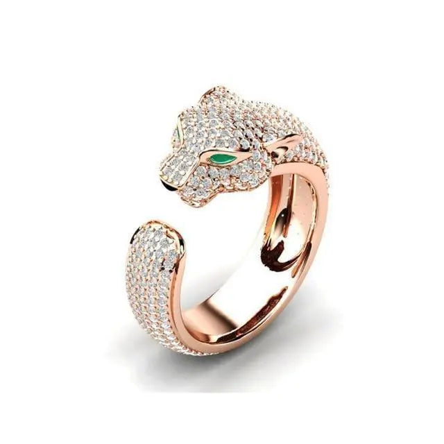 Anillo ajustable de jaguar y oro rosa con ojos de circonita verde