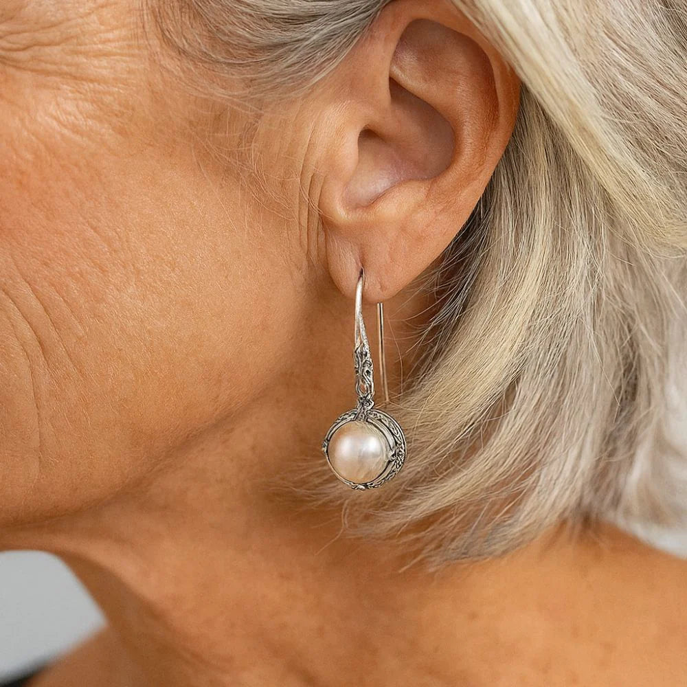 Vintage Inlaid Silver Pearl Earrings