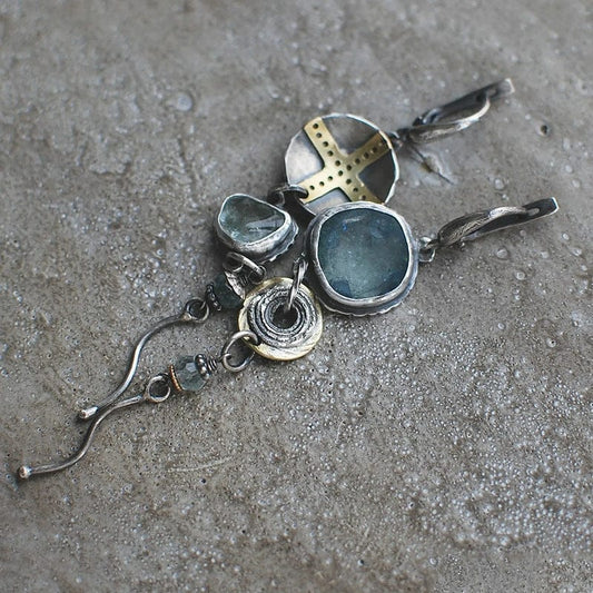 1+1 Offer: Blue Stone Cross Earrings