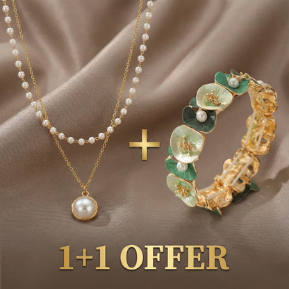 1+1 Offer: Elegant Pearl Necklace + Vintage Green Floral Pearl Bracelet