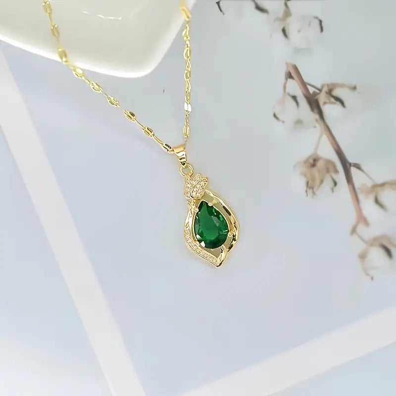 Gold emerald teardrop pendant necklace