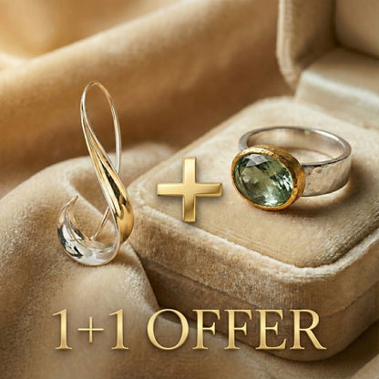 1+1 Offer: Green ring with rounded stone, Vintage + Golden dangling vintage earrings
