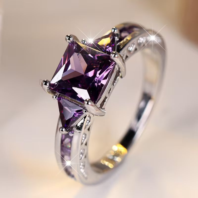 Silver amethyst geometric ring