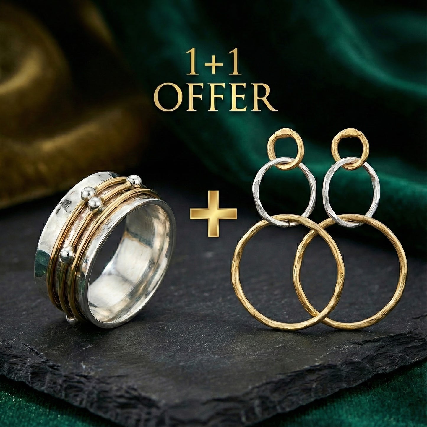 1+1 Offer: Elena - Vintage silver ring with gold plating + Vintage Hoop Earrings in Gold and Silver