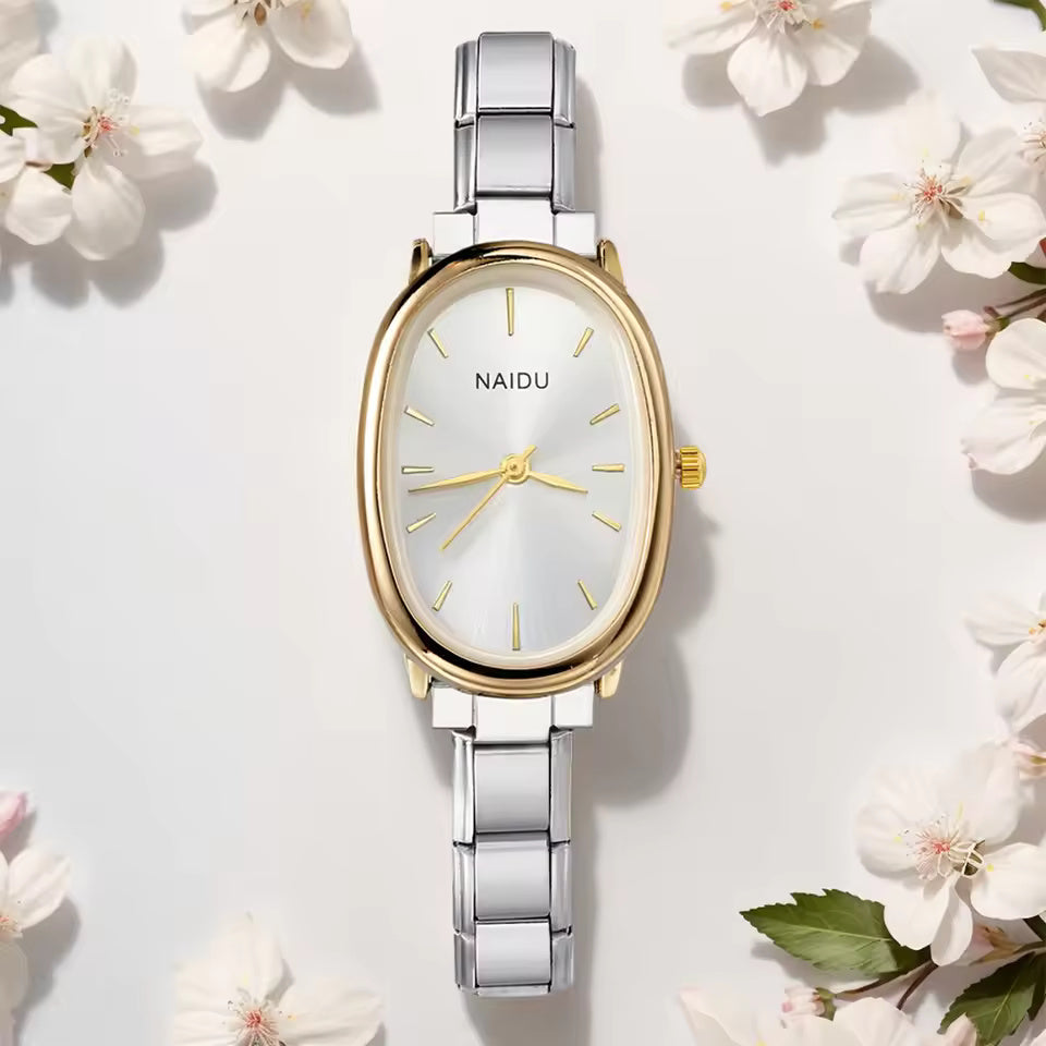 Reloj de cuarzo ovalado elegante en acero inoxidable