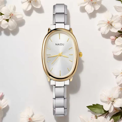 Reloj de cuarzo ovalado elegante en acero inoxidable