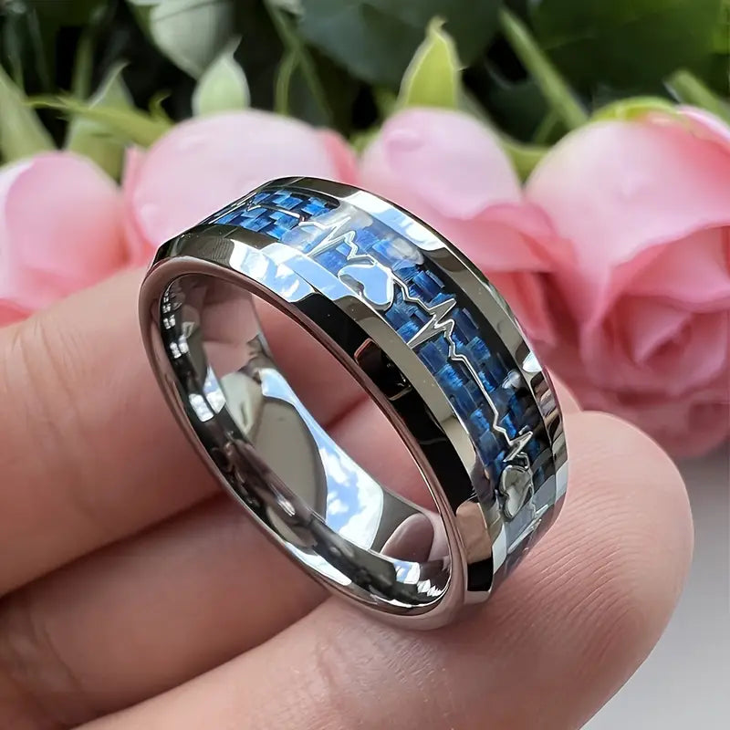 Titanium Stainless Ring Heartbeat Carbon Fiber Inlay