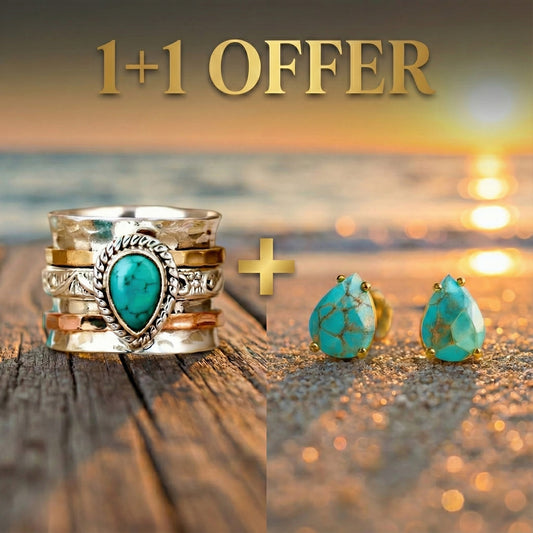 1+1 Offer: Vintage Turquoise Inlaid Stone Gold & Silver Ring + Mediterranean Tears – Turquoise Stone Stud Earrings