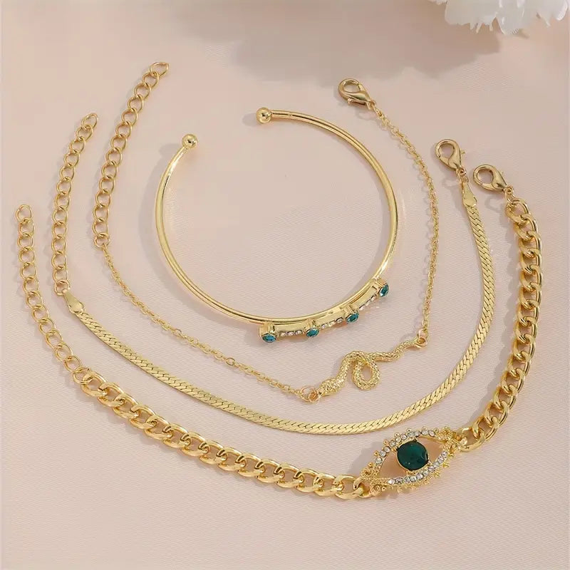 Gold emerald charm bracelet set