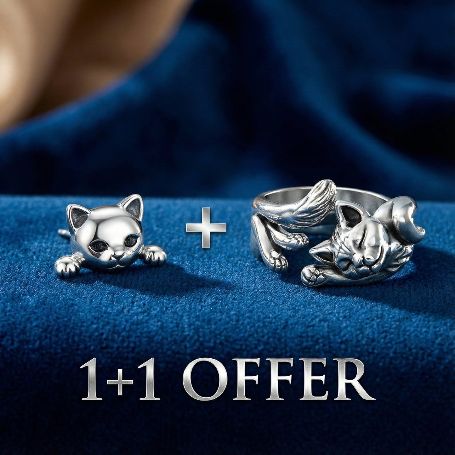 1+1 Offer: Silver Cat Earrings + Vintage Silver Cat Ring
