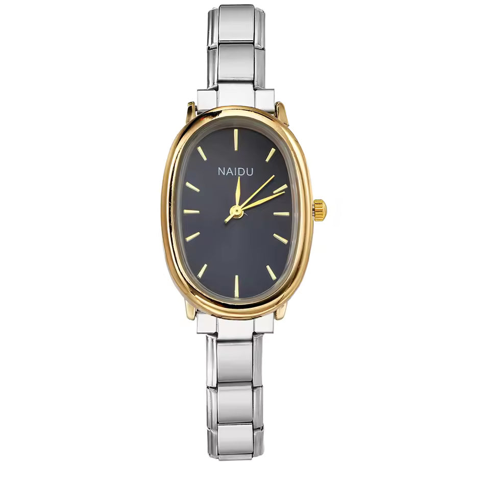 Reloj de cuarzo ovalado elegante en acero inoxidable