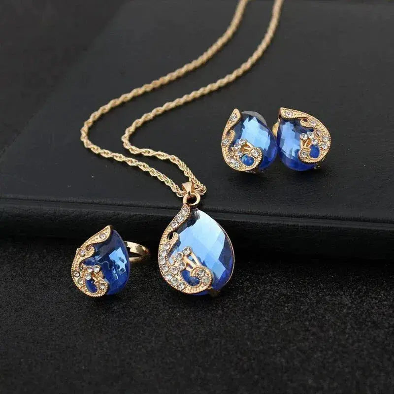 Oferta 1+1: Conjunto de Collar y Pendientes con Cristal Azul en Oro