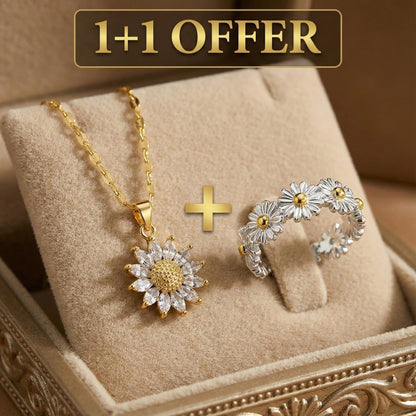 1+1 Offer: Adjustable Silver and Hand Painted Enamel Daisy Ring + Crystal Sunflower Necklace in Gold