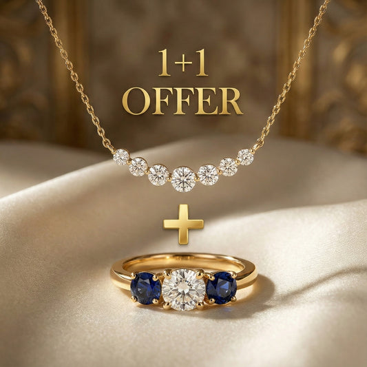 1+1 Offer: Golden Three Stone Cushion Cut White & Blue Sapphire Wedding Band Ring for Women + Round Cut White Sapphire Gold Necklace
