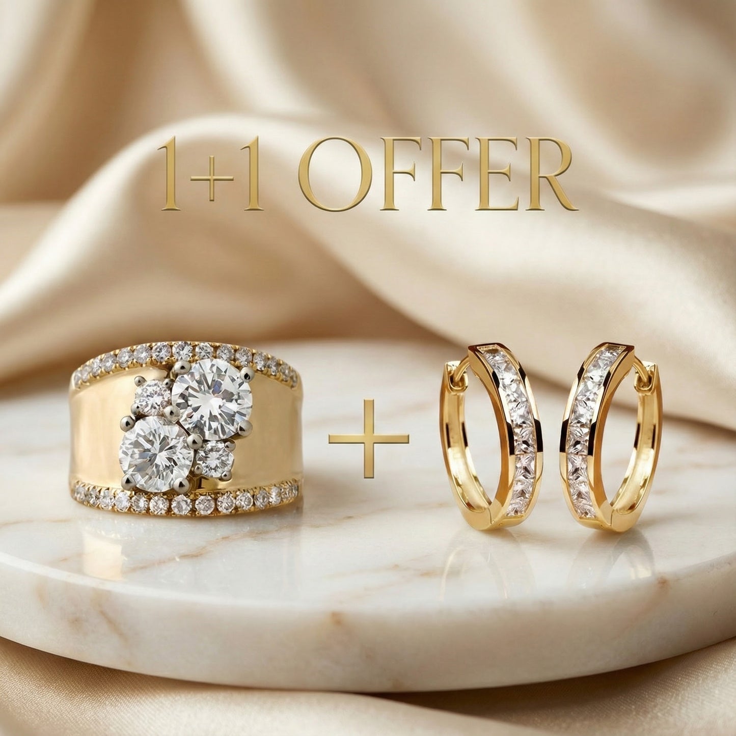1+1 Offer: Vintage Golden Bright Zirconia Ring + Elegant Gold and Crystal Earrings